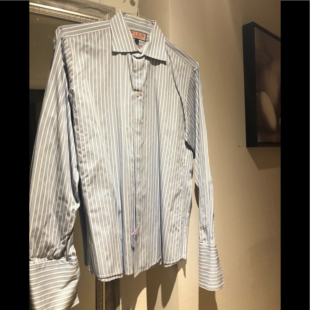 Thomas Pink light blue and white striped French cuffed button down shirt